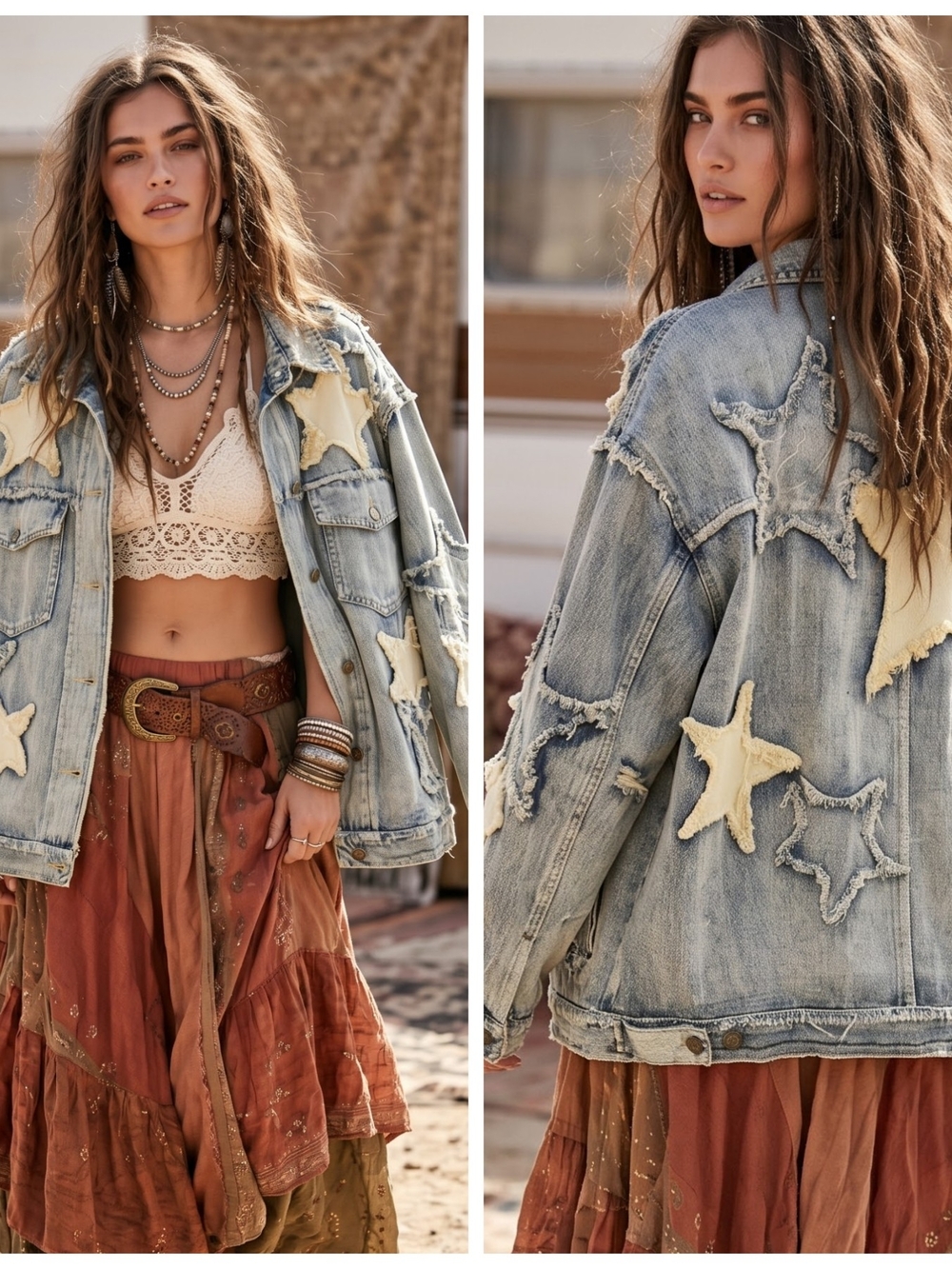 LAST ONE ❣️Blue Velvet Denim Jacket with Cream Star Appliqués Distressed